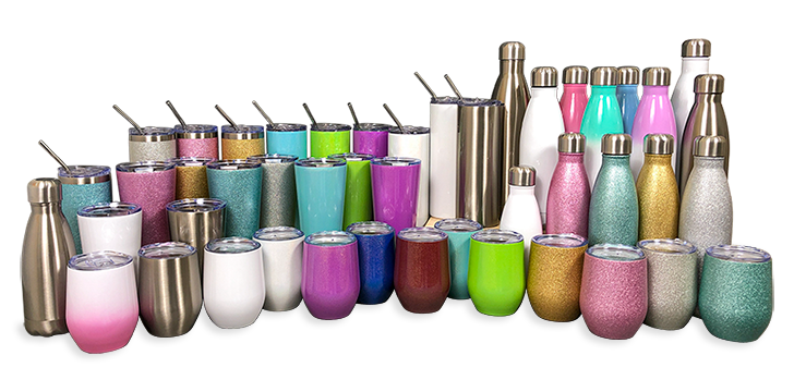 HTX sublimation wine tumblers, coke bottles, skinny tumblers, and other drinkware.